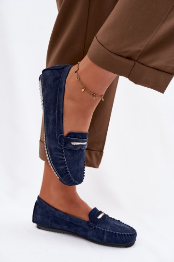 Mocasines planos para mujer de ante natural S.Barski LR61-7029 color azul oscuro