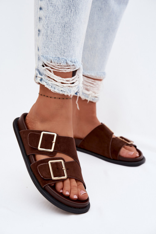 zapatillas de mujerImitacji de gamuzau color dorado con hebillas CzekoladoAe Selissea