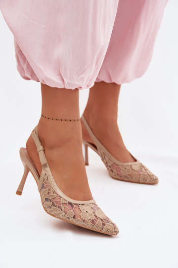 Sandalias de mujer con tacones finos con encaje beige Pelivelle