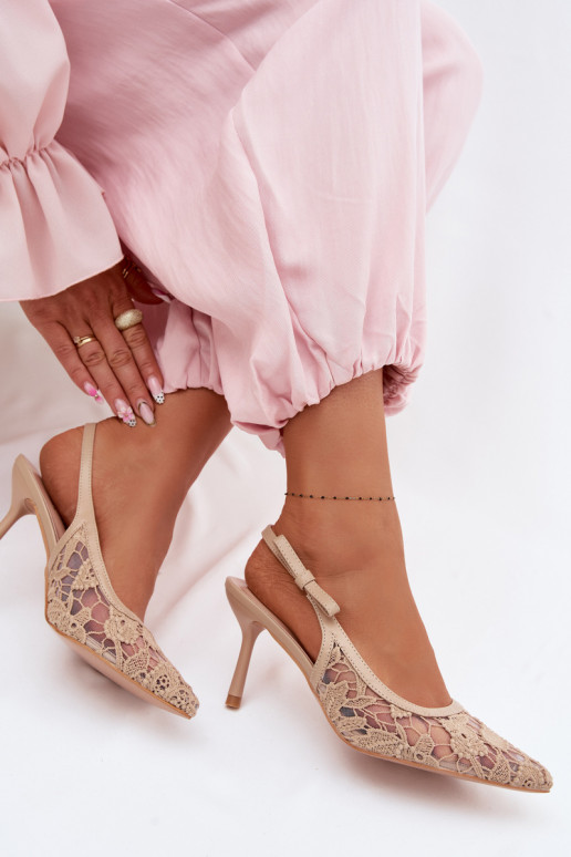 Sandalias de mujer con tacones finos con encaje beige Pelivelle