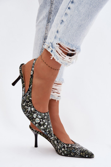 Sandalias de mujer decoradas con tacones delgados y flores color negro Olivelle