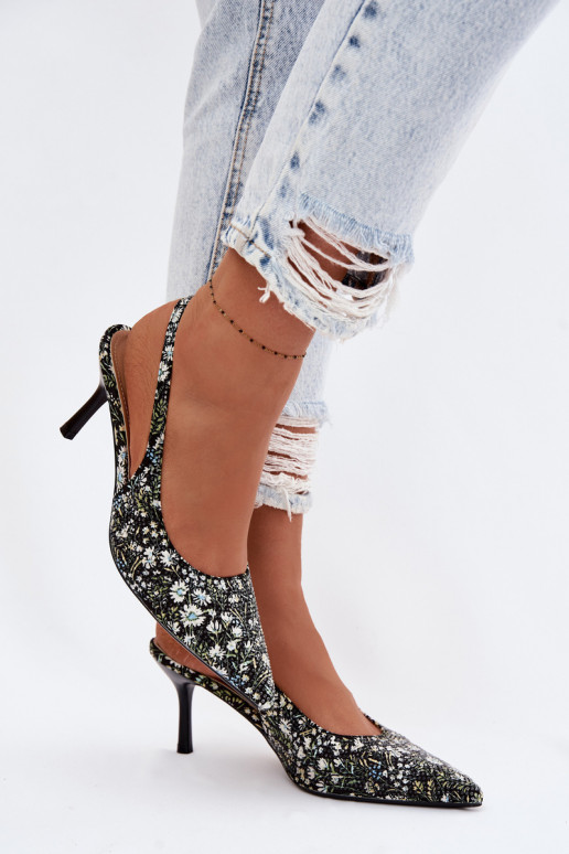 Decorado Sandalias de mujer con tacones finos con flores de color negro Olivelle