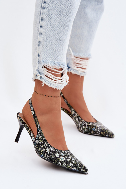 Decorado Sandalias de mujer con tacones finos con flores de color negro Olivelle