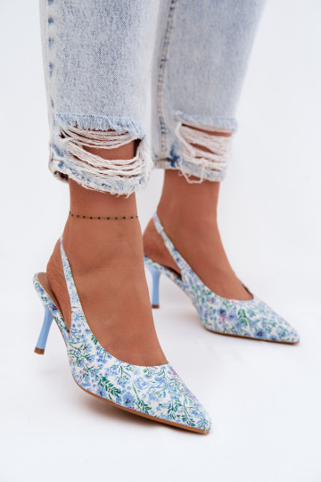 Decorado Sandalias de mujer con tacones finos con flores color azul Olivelle