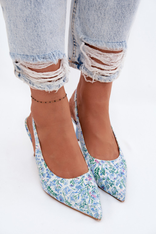 Decorado Sandalias de mujer con tacones finos con flores color azul Olivelle