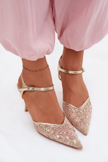 red Sandalias de mujer con tacones finoscon brilloującym Zdobieniem color dorado Laria