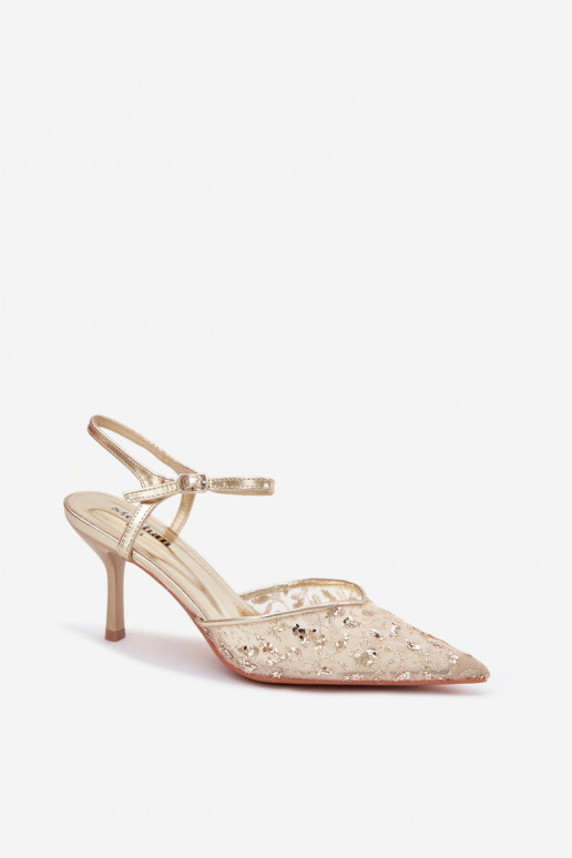 red Sandalias de mujer con tacones finoscon brilloującym Zdobieniem color dorado Laria