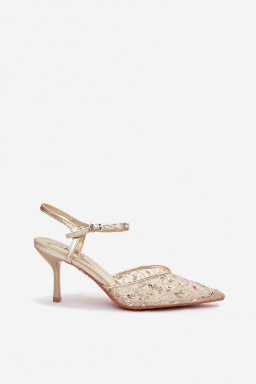 red Sandalias de mujer con tacones finoscon brilloującym Zdobieniem color dorado Laria