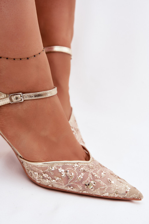 red Sandalias de mujer con tacones finoscon brilloującym Zdobieniem color dorado Laria