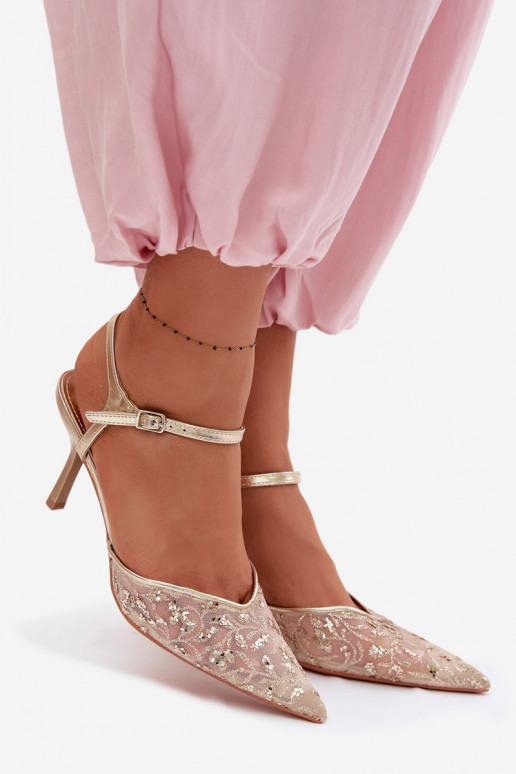 red Sandalias de mujer con tacones finoscon brilloującym Zdobieniem color dorado Laria