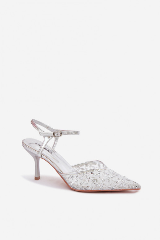 red Sandalias de mujer con tacones finoscon brilloującym Zdobieniem color plata Laria