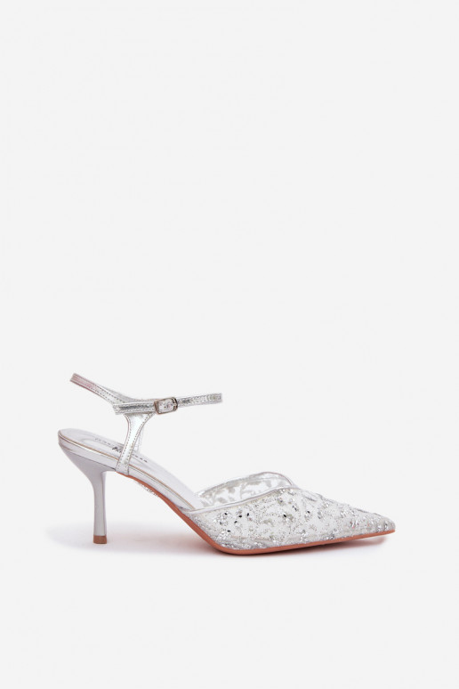 red Sandalias de mujer con tacones finoscon brilloującym Zdobieniem color plata Laria