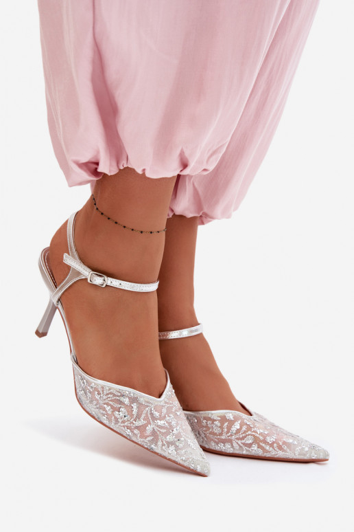 red Sandalias de mujer con tacones finoscon brilloującym Zdobieniem color plata Laria