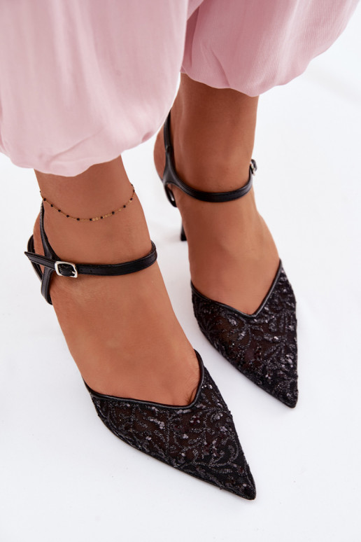 red Sandalias de mujer con tacones finoscon brilloującym Zdobieniem de color negro Laria