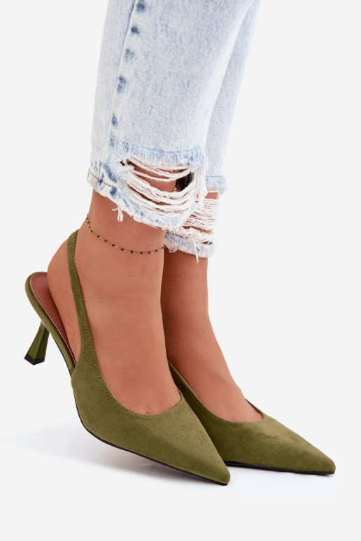 Sandalias de mujer con tacones finosImitacji de gamuzau color verde Saria