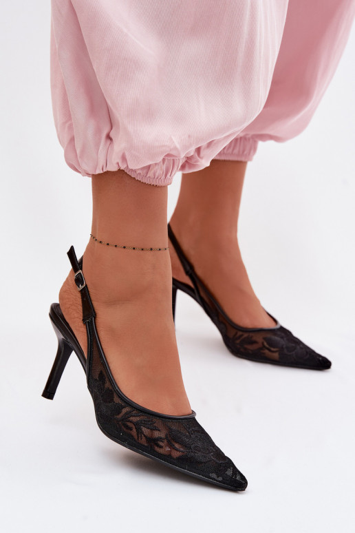 con motivos de encaje red sandalias con tacones finos de color negro Tiene quevia