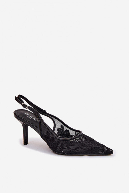 con motivos de encaje red sandalias con tacones finos de color negro Tiene quevia