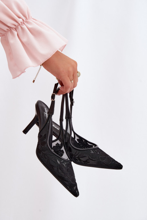 con motivos de encaje red sandalias con tacones finos de color negro Tiene quevia