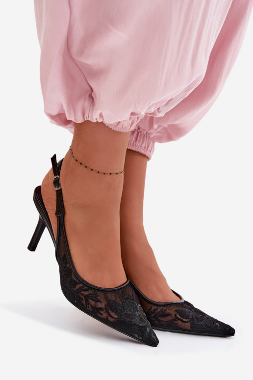 con motivos de encaje red sandalias con tacones finos de color negro Tiene quevia