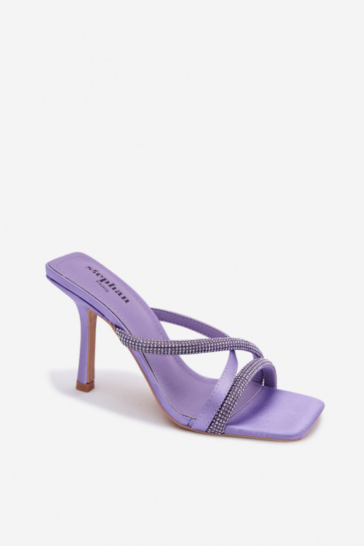 zapatillas de mujer con tacones finos Tiras con ojos centelleantes color violeta Karima