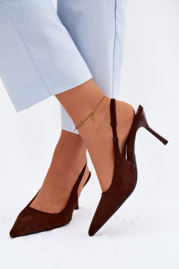 Sandalias de mujer con tacones finos de ante sintético color chocolate Kevina