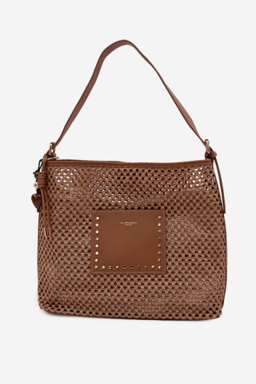 Bolso con elementos trenzados y llavero para verano color marrón brillante Fayette