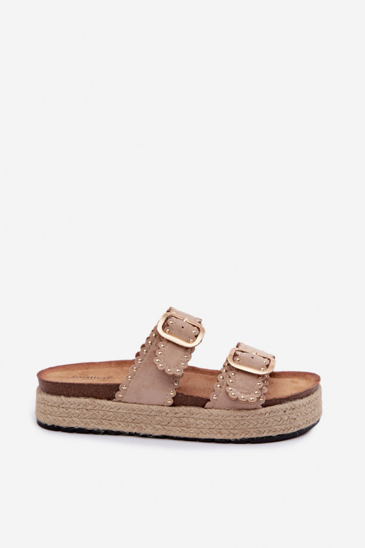 zapatillas de mujer con una plataforma Con Trenza color dorado con hebillas I con remaches beige