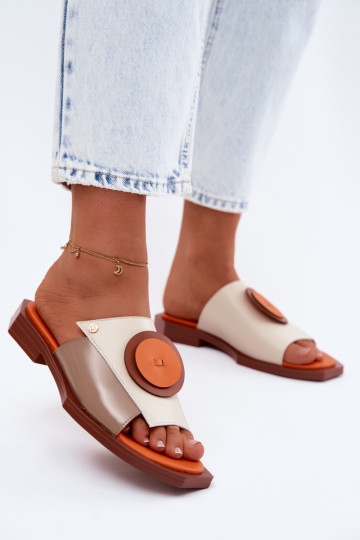 Zapatillas de mujer de cuero en color arena y naranja con diseño geométrico Tai turiciejka K7479-18 2