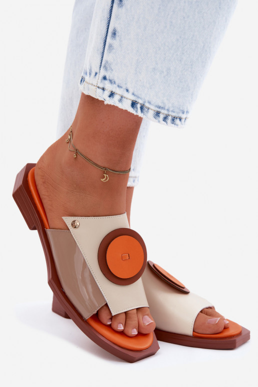 Zapatillas de mujer de cuero en color arena y naranja con diseño geométrico Tai turiciejka K7479-18