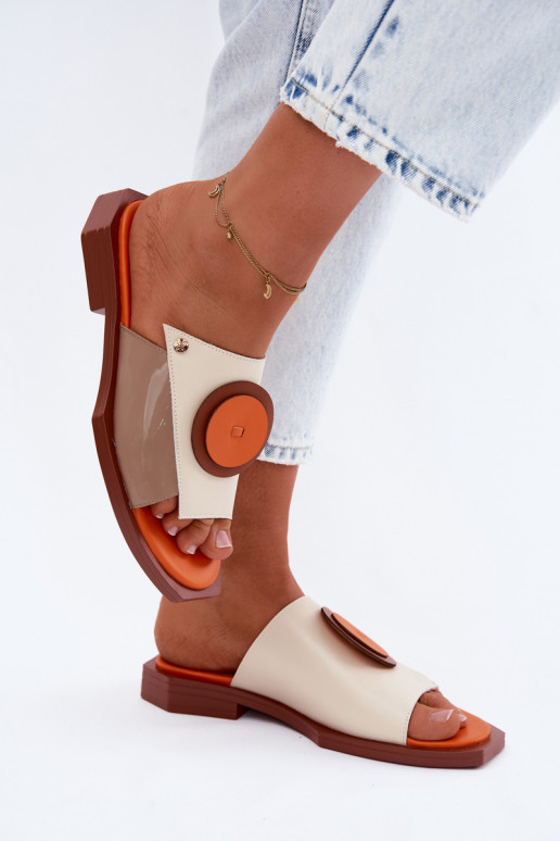 Zapatillas de mujer de cuero en color arena y naranja con diseño geométrico Tai turiciejka K7479-18