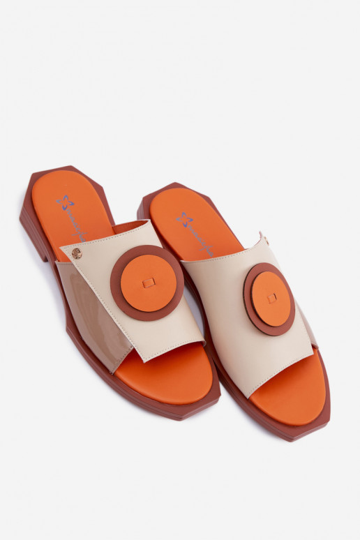 Zapatillas de mujer de cuero en color arena y naranja con diseño geométrico Tai turiciejka K7479-18