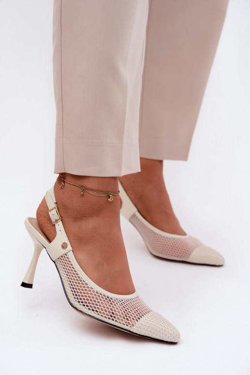 Piel Sandalias caladas Zapatos Femenino con tacones finos Tiene queciejka K7507-22 color marfil