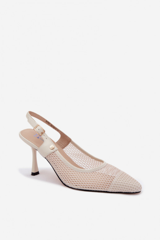 Piel Sandalias caladas Zapatos Femenino con tacones finos Tiene queciejka K7507-22 color marfil