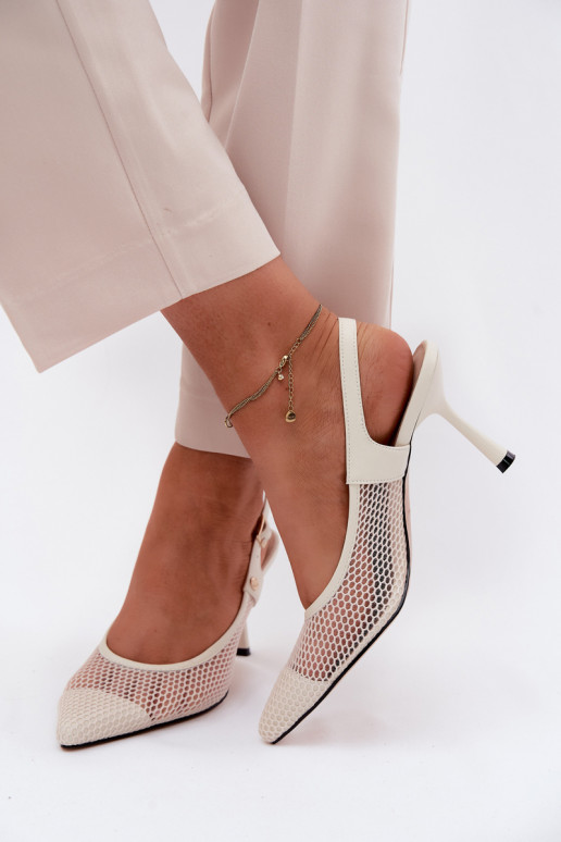 Piel Sandalias caladas Zapatos Femenino con tacones finos Tiene queciejka K7507-22 color marfil