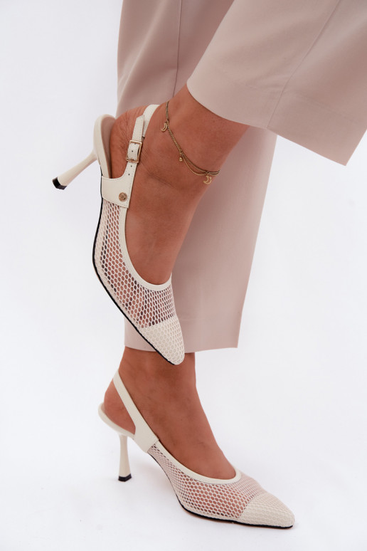 Piel Sandalias caladas Zapatos Femenino con tacones finos Tiene queciejka K7507-22 color marfil