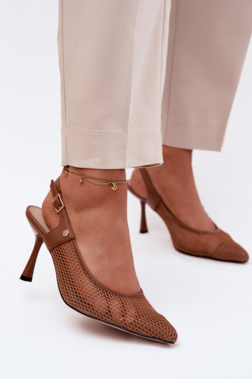 Piel Sandalias caladas Zapatos Femenino con tacones finos Tiene queciejka K7507-29 color marrón