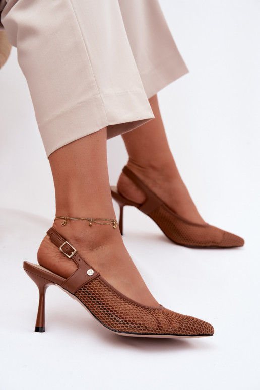 Piel Sandalias caladas Zapatos Femenino con tacones finos Tiene queciejka K7507-29 color marrón