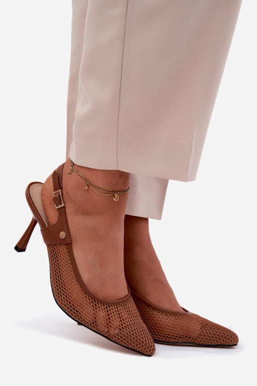 Piel Sandalias caladas Zapatos Femenino con tacones finos Tiene queciejka K7507-29 color marrón