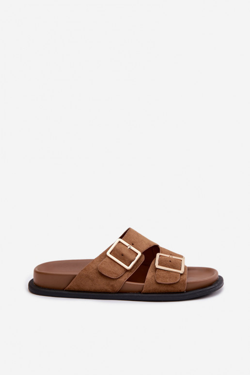 zapatillas de mujerImitacji de gamuzau color dorado con hebillas color marrón Selissea