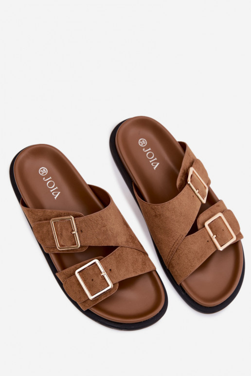 zapatillas de mujerImitacji de gamuzau color dorado con hebillas color marrón Selissea