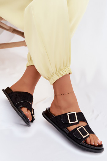 zapatillas de mujerImitacji de gamuzau color dorado con hebillas de color negro Selissea