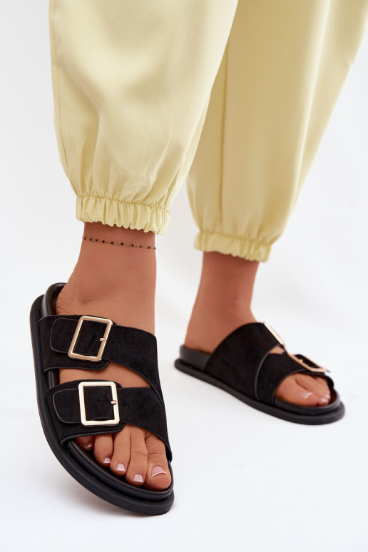 zapatillas de mujerImitacji de gamuzau color dorado con hebillas de color negro Selissea