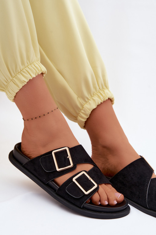 zapatillas de mujerImitacji de gamuzau color dorado con hebillas de color negro Selissea