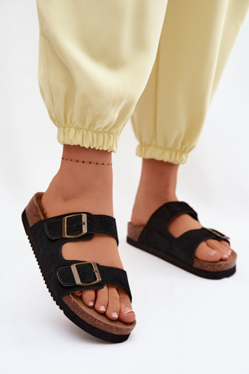 Zapatillas de ante de cuero negras con hebillas Rosaliae