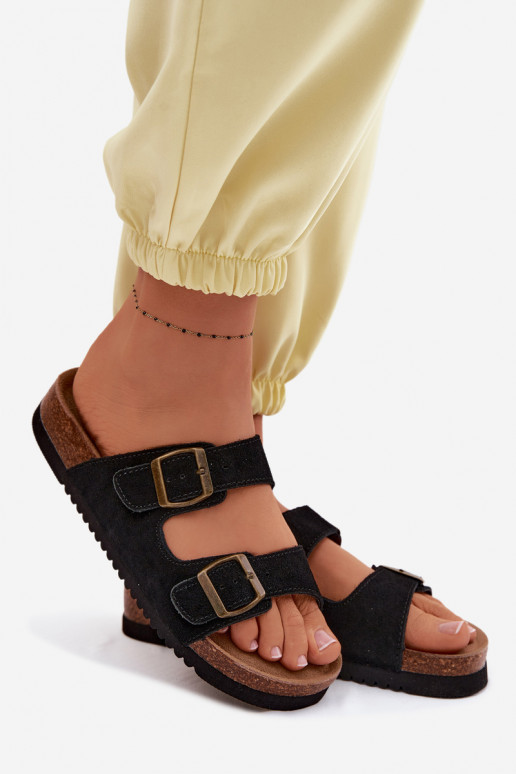 Zapatillas de ante de cuero negras con hebillas Rosaliae