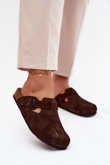 Mules de ante de cuero con hebillas Zazoo 1905, color chocolate