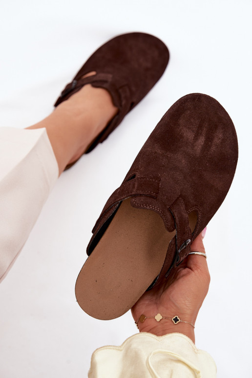 Mules de ante de cuero con hebillas Zazoo 1905, color chocolate