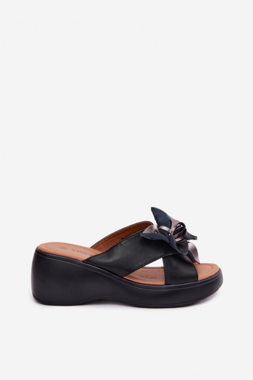 Zapatillas de cuero con plataforma y flores decorativas Vinceza 41511, color negro