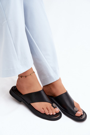 Zapatillas de cuero Zapatillas Femenino con tacones anchos Vinceza 62307 de color negro