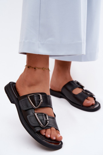 Zapatillas de cuero negras para mujer con hebillas Vinceza 62304